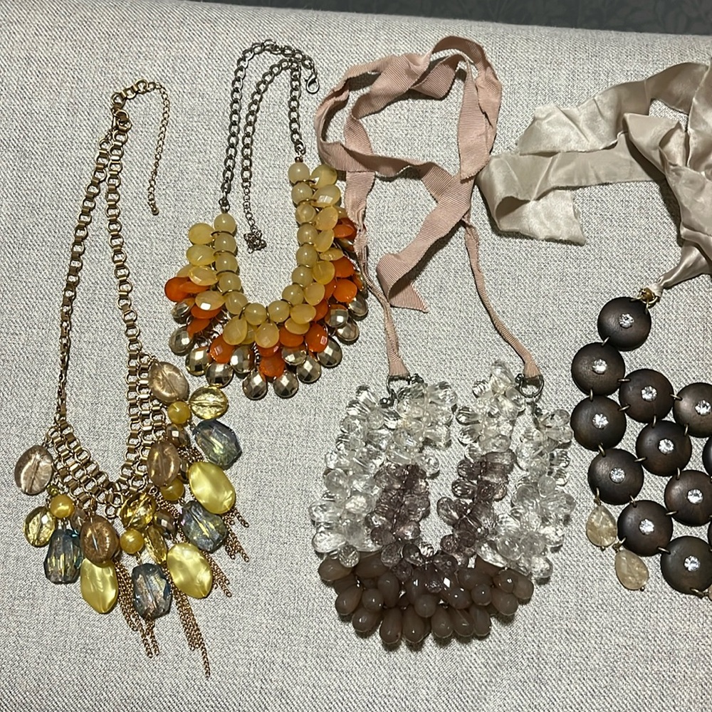Necklace Bundle- 4 Statement Necklaces - Gold, Orange, Yellow, Wood & Sparkles